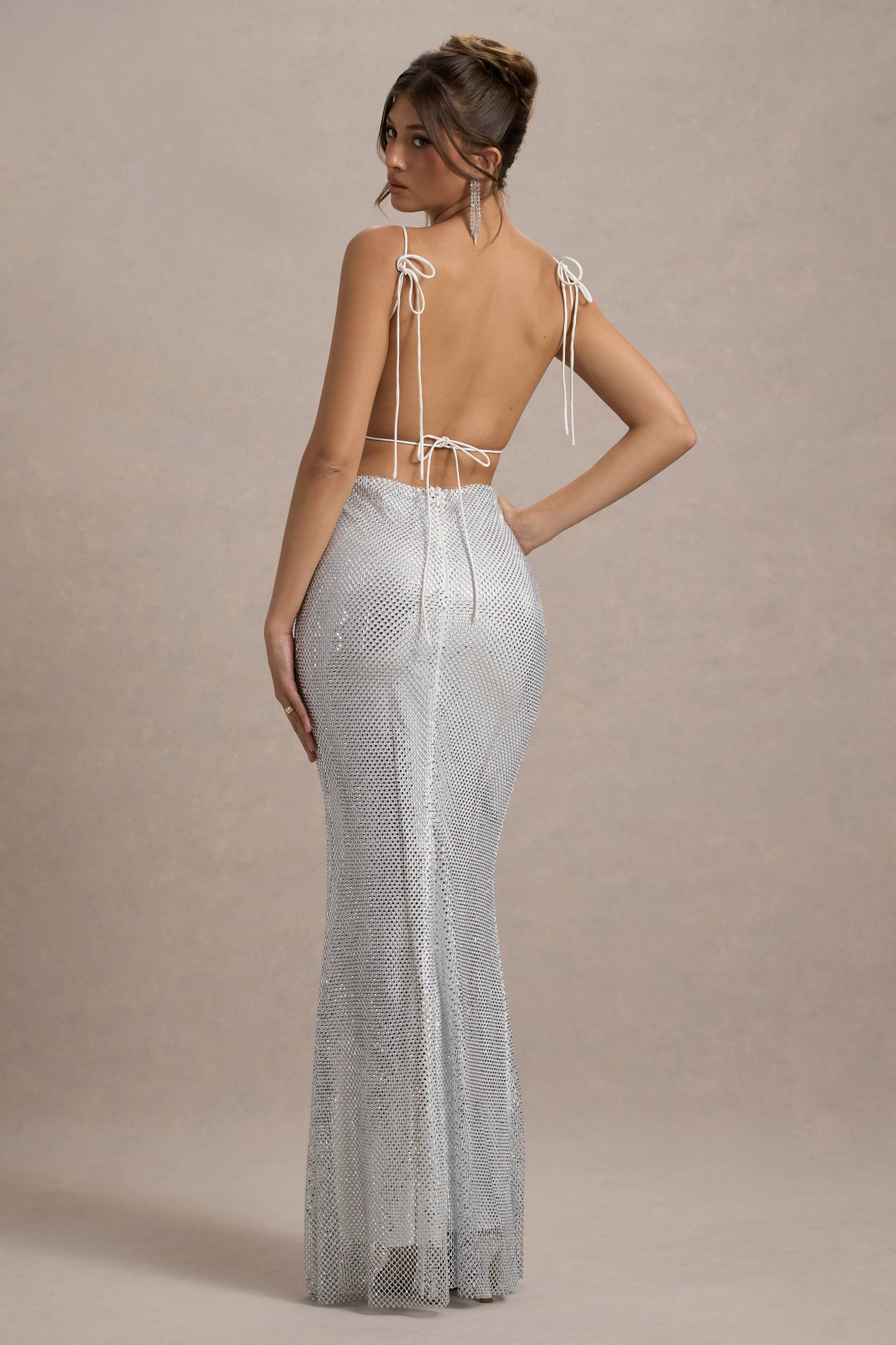 Quartz | Silver Hotfix Square-Neck Open-Back Maxi Dress