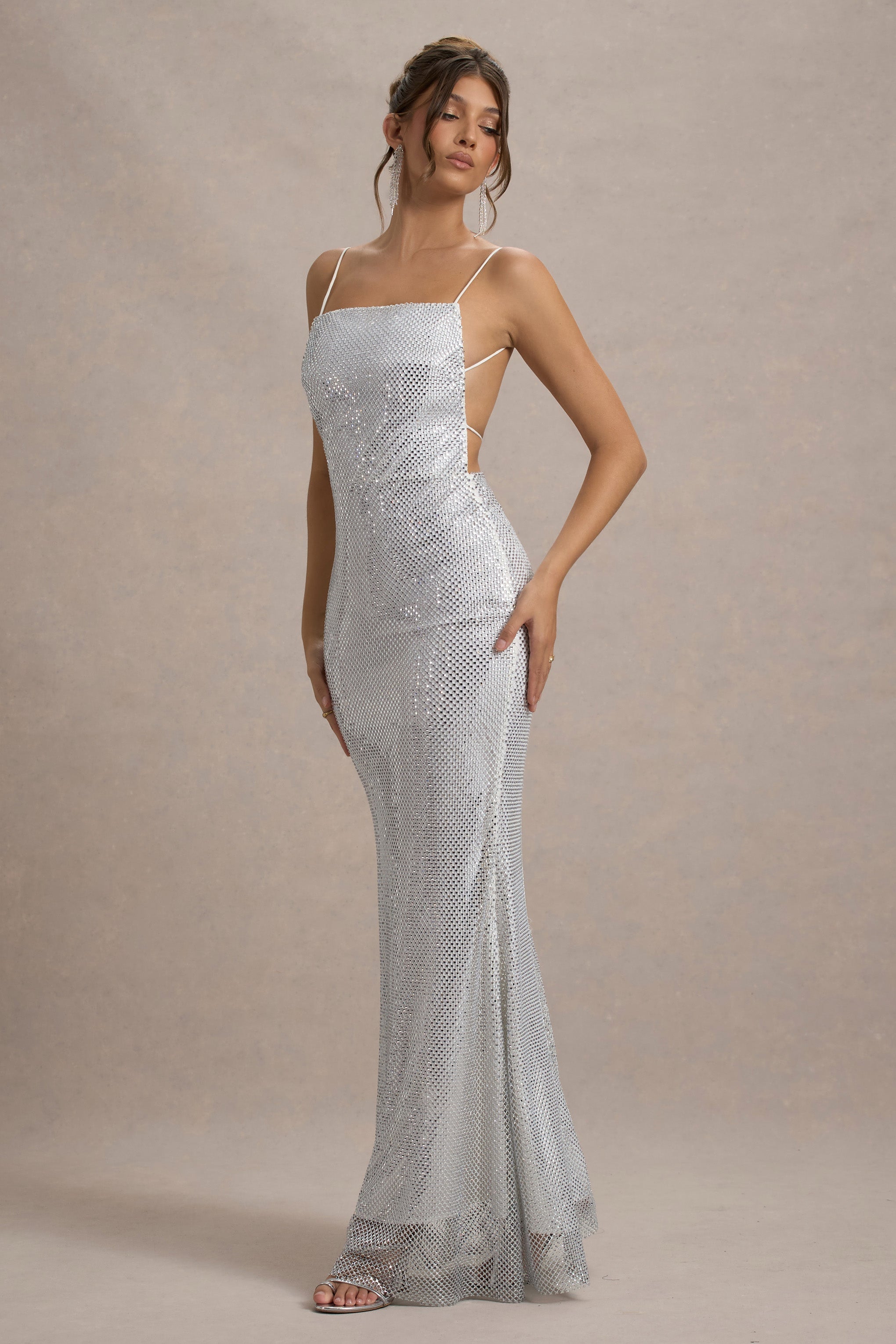 Quartz | Silver Hotfix Square-Neck Open-Back Maxi Dress