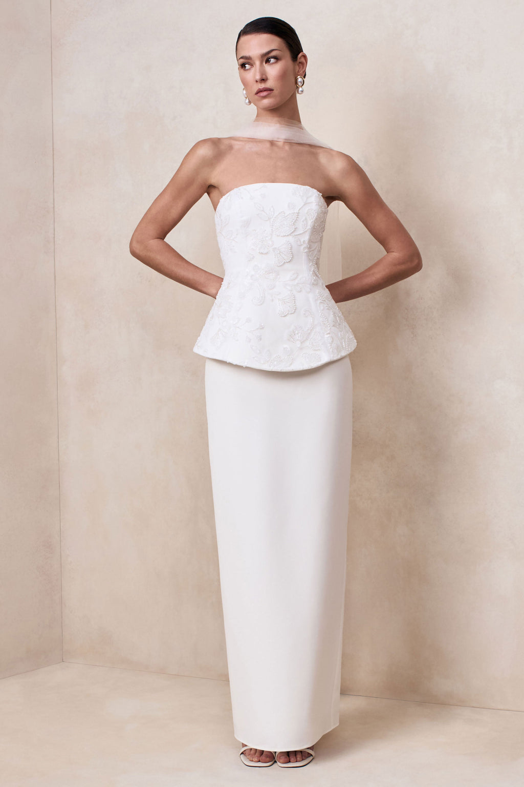 Naira | White Satin Bandeau Corset Maxi Dress With Sheer Scarf