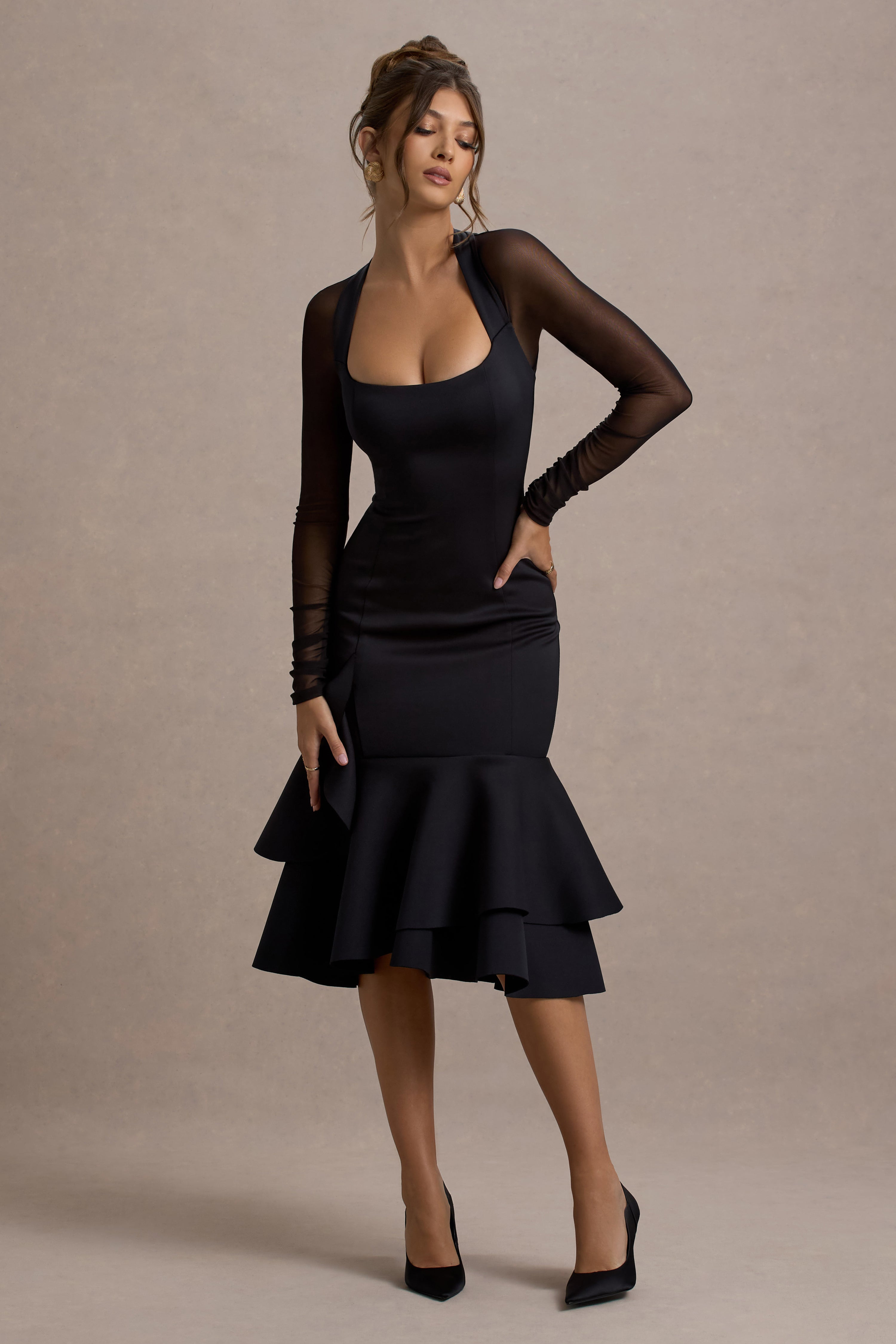 Sander | Black Mesh Long-Sleeve Ruffle-Hem Midi Dress