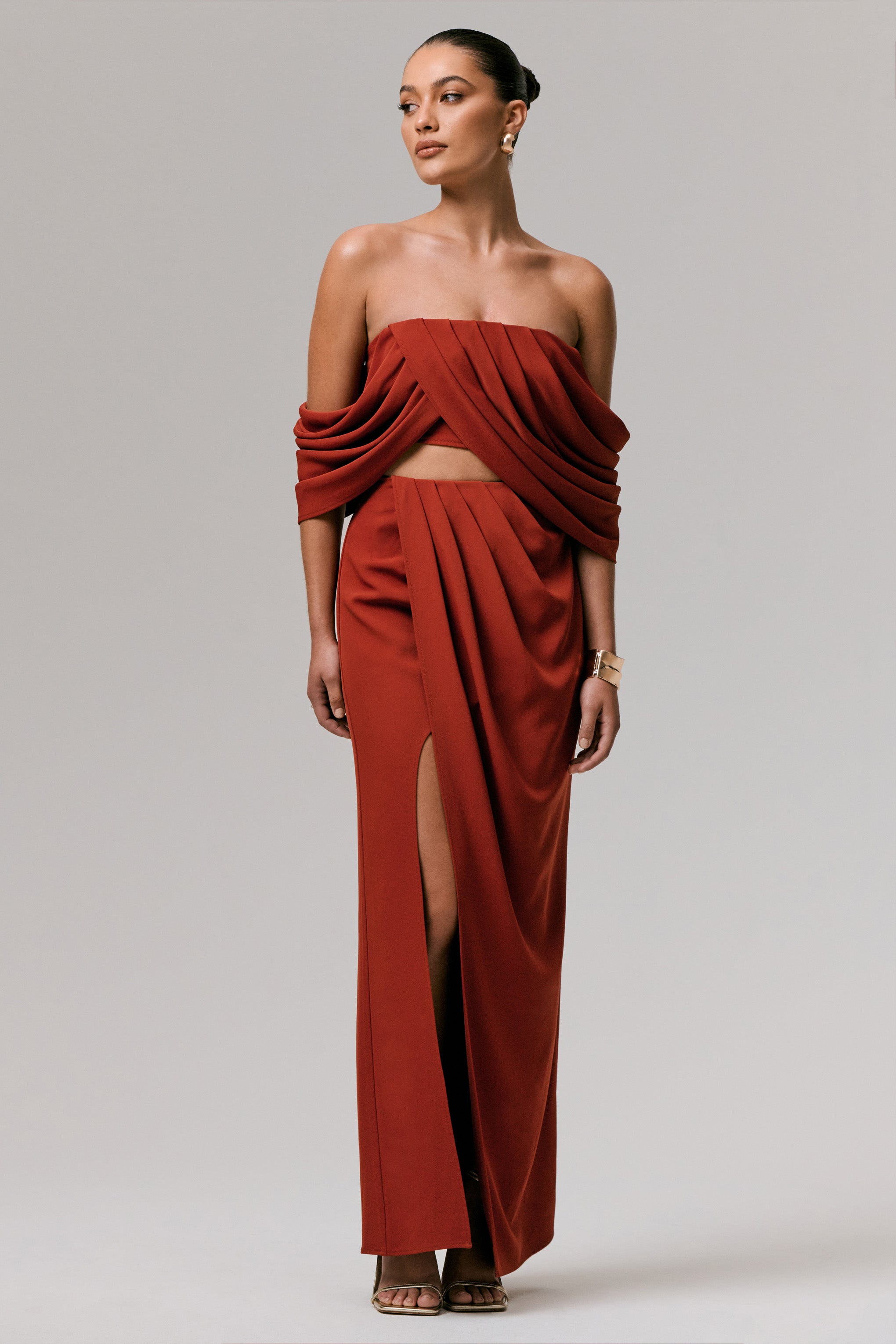 Zelina | Terracotta Mid-Rise Maxi Skirt with Split