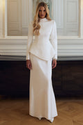 Pepita | Cream High-Neck Tailored Maxi Dress With Drop-Waist And Satin Skirt