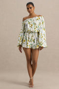 Waterfall | Lemon Floral Print Asymmetric Long-Sleeve Romper