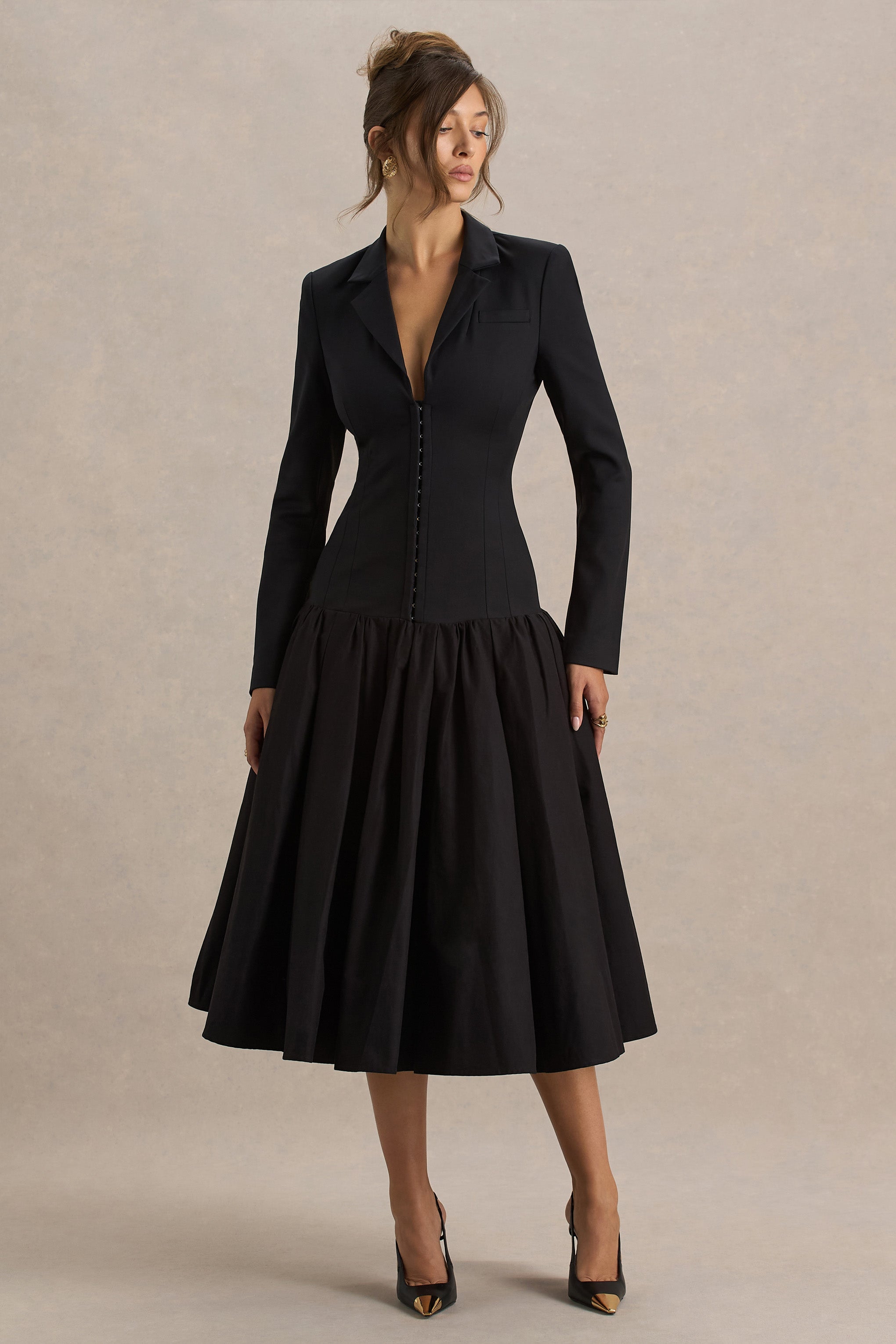 Cosmopolitan | Black Plunge-Neck Tailored Midi Dress With Pleated Hem