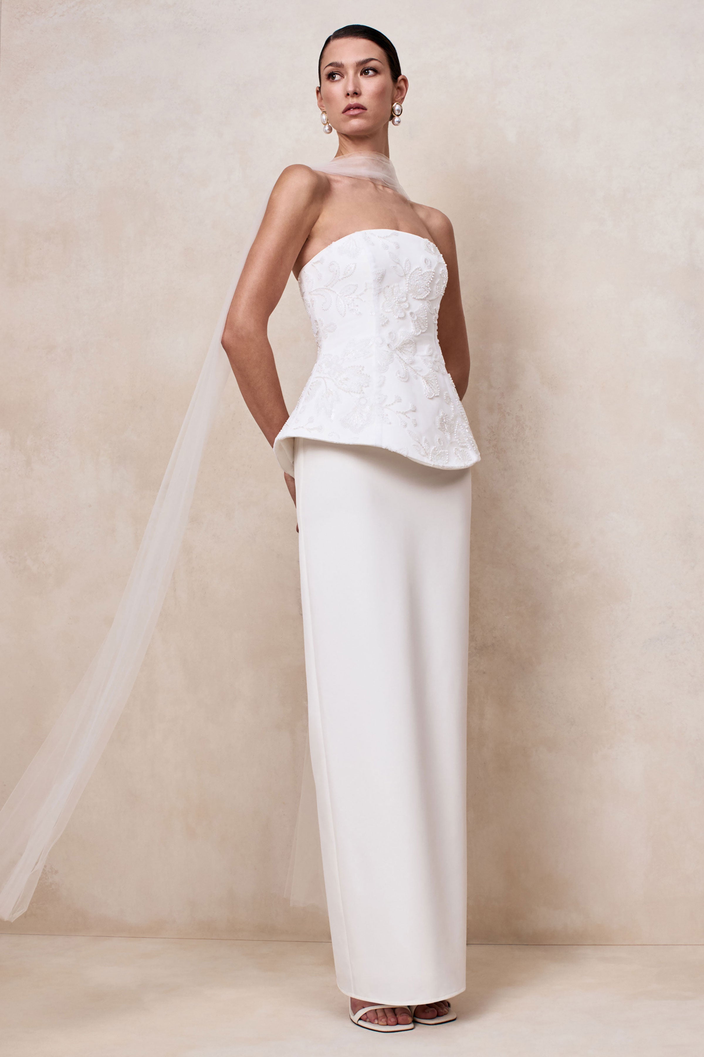 Naira | White Satin Bandeau Corset Maxi Dress With Sheer Scarf