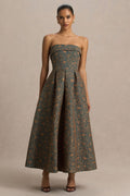 Loretta | Dark Green And Rust Embroidered Bandeau Midi Dress