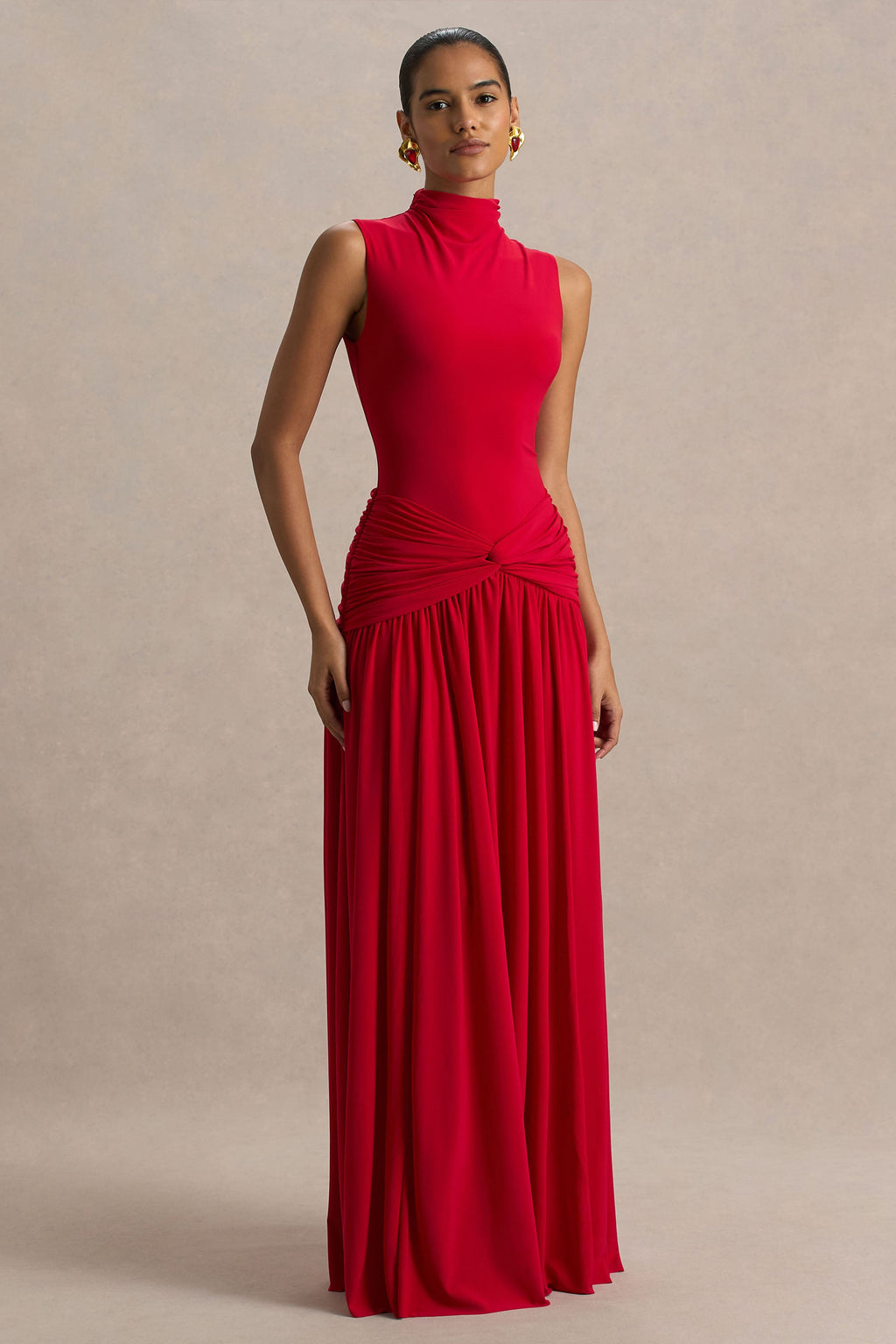 Cascade | Red High-Neck Maxi Dress With Twist Detail