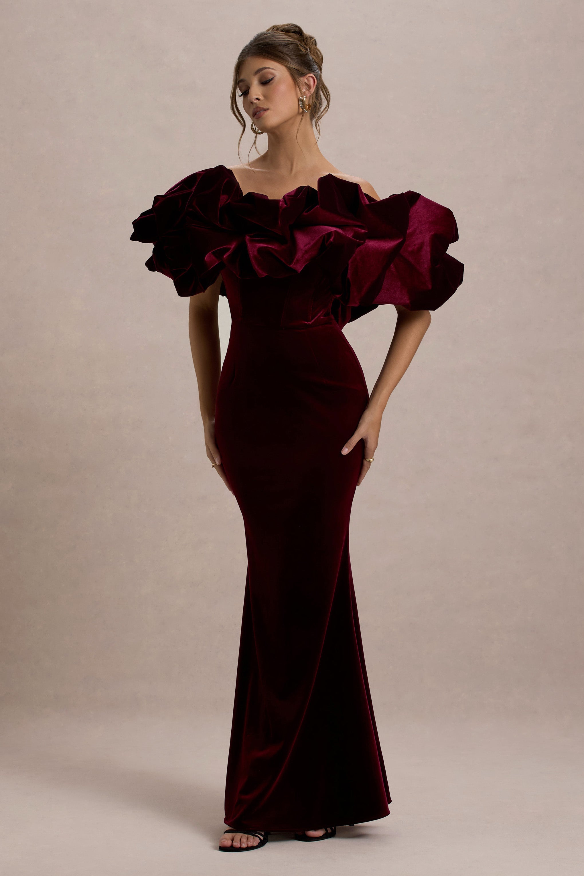 Cecily | Port Velvet Bardot Maxi Dress With Velvet Ruffle Trim