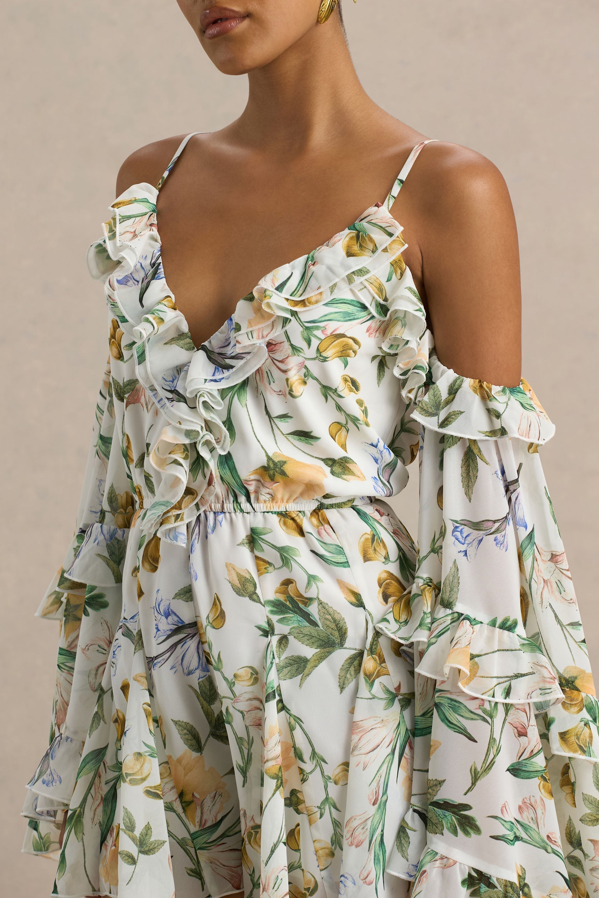 Anaya | Lemon Floral Print Chiffon Romper With Long Sleeves