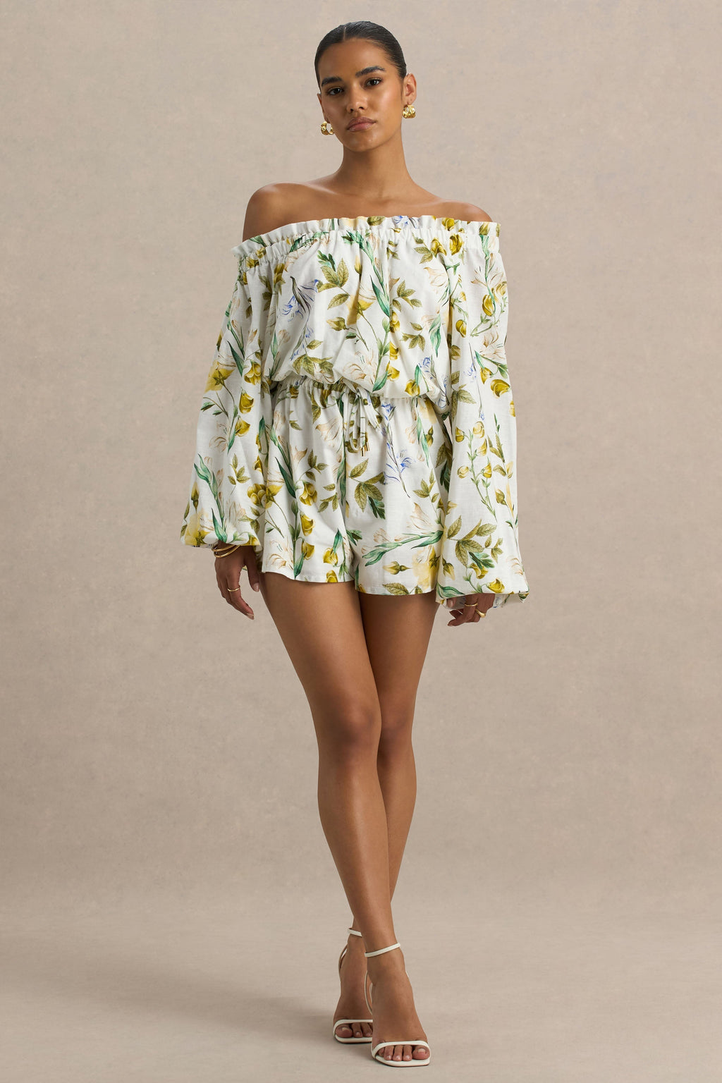Waterfall | Lemon Floral Print Asymmetric Long-Sleeve Romper