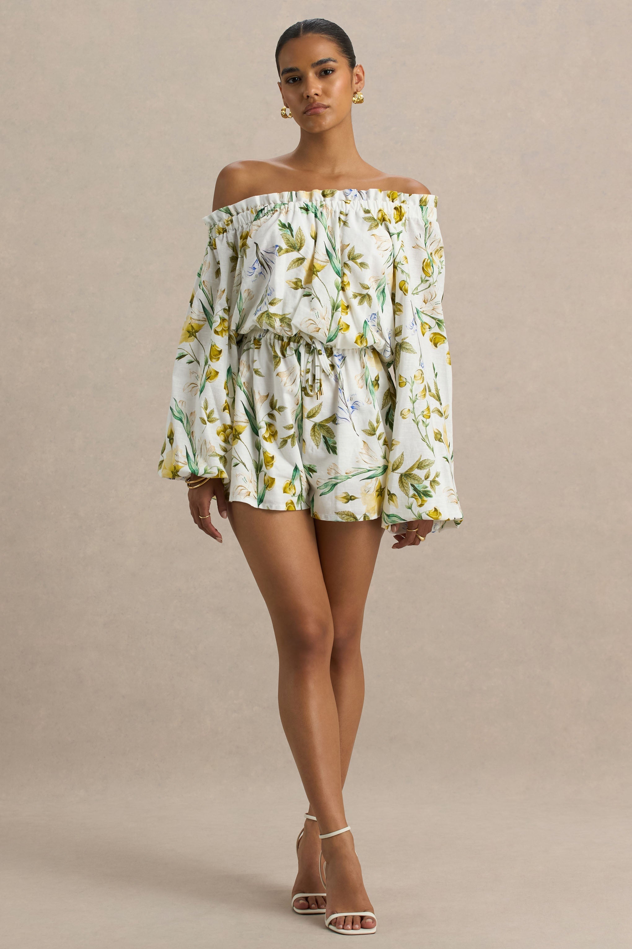 Waterfall | Lemon Floral Print Asymmetric Long-Sleeve Romper