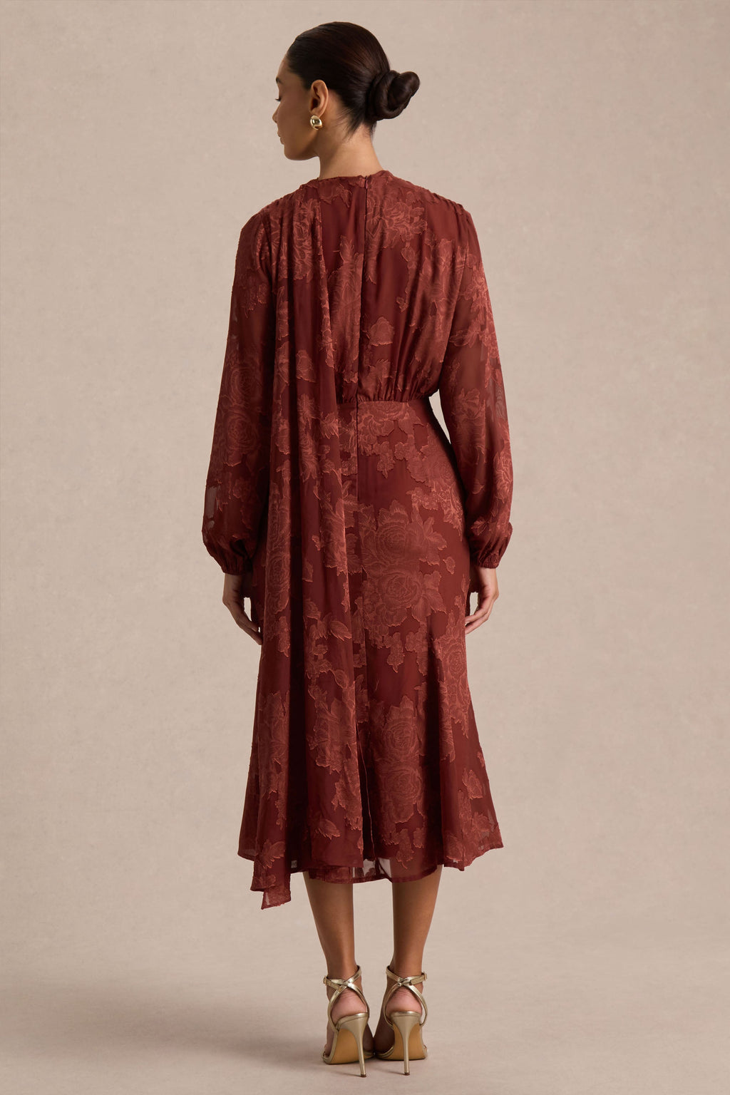 Sabina | Rust Devore Plunge-Neck Midi Dress