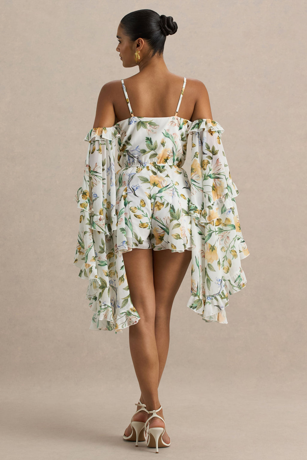 Anaya | Lemon Floral Print Chiffon Romper With Long Sleeves