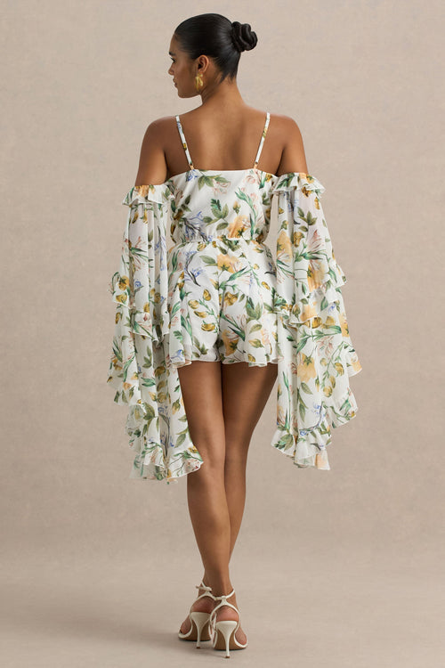 Anaya | Lemon Floral Print Chiffon Romper With Long Sleeves
