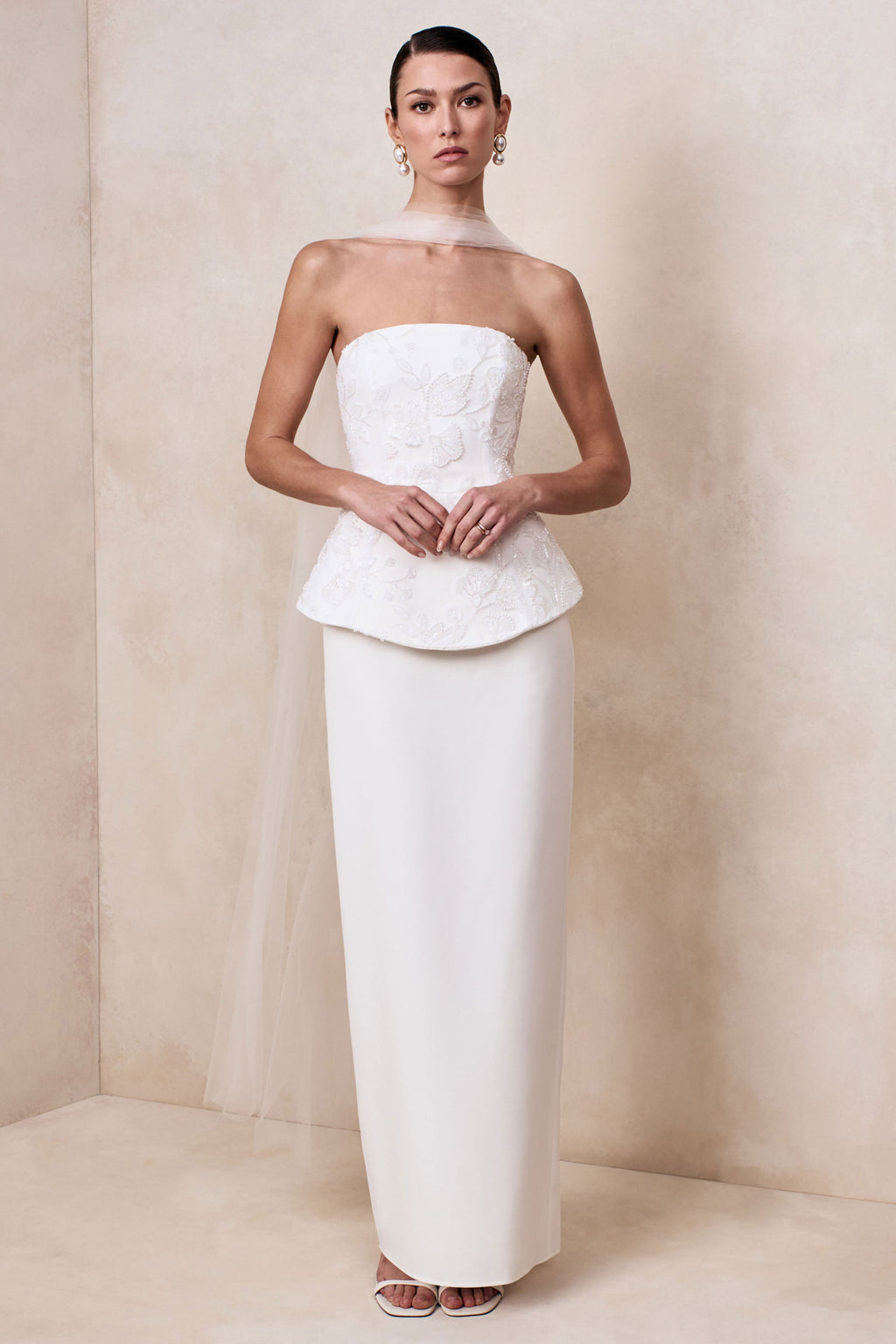 Naira | White Satin Bandeau Corset Maxi Dress With Sheer Scarf
